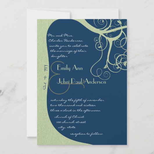 Green Tree Swirls on Midnight  Wedding Invitation 招待状 (正面)