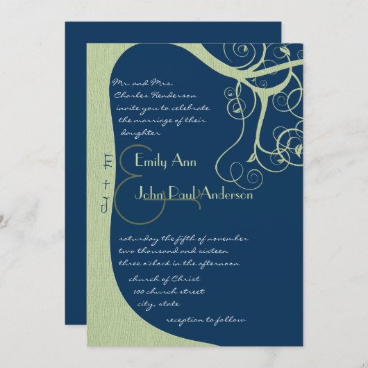 Green Tree Swirls on Midnight  Wedding Invitation 招待状 (正面/裏面)