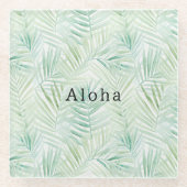 Green Tropical Leaves Aloha ガラスコースター (正面)