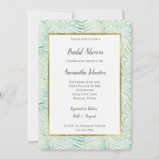 Green Tropical Leaves Aloha Bridal Shower 招待状 (正面)