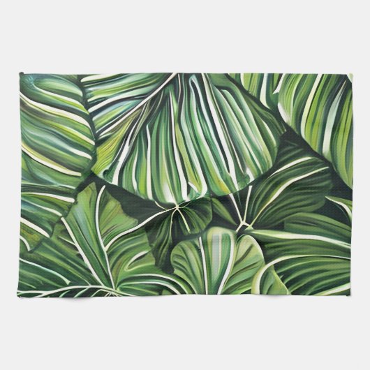 Green Tropical Leaves Art  キッチンタオル (横)