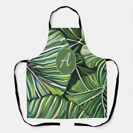 Green Tropical Leaves Personalized Monogram  エプロン (正面)
