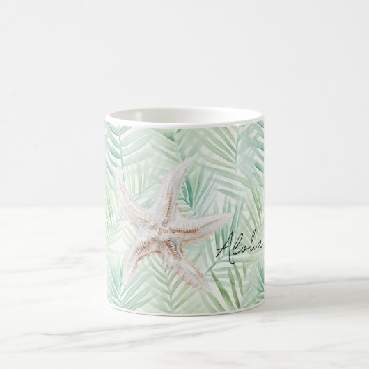 Green Tropical Leaves Starfish コーヒーマグカップ (中央)
