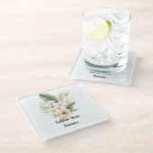 Green Tropical Peach Hibiscus Plumeria Dragonfly ガラスコースター (アングル)