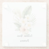 Green Tropical Peach Hibiscus Plumeria Dragonfly ガラスコースター (裏面)