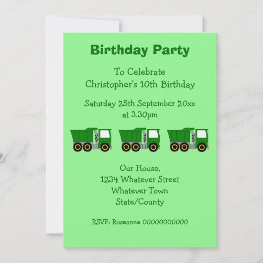Green Truck Design Boy's Birthday Party 招待状 (正面)