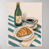 Green vine bottle, black tea, croissant wall art ポスター (正面)