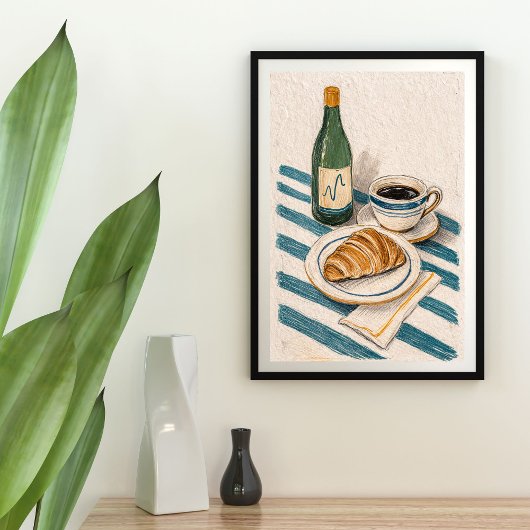 Green vine bottle, black tea, croissant wall art ポスター