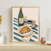 Green vine bottle, black tea, croissant wall art ポスター