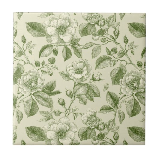 Green Vintage Botanical Toile Pattern タイル (正面)