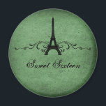 Green Vintage French Flourish Sweet 16 Magnet マグネット<br><div class="desc">Grungy yet elegant Vintage French Flourish Sweet Sixteen Magnet in dark green featuring an Eiffel Tower design embellished with chic swirls and dots and a faux paper textured background. This unique Parisian themed Sweet 16 magnet would be perfect for a french inspired party favor. Easy to customize, simply add the...</div>