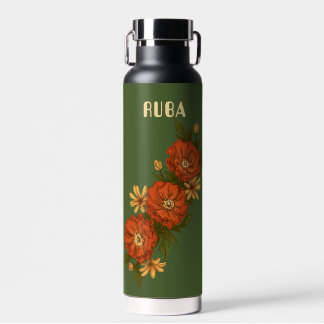 Green Water Bottle with red flowers ウォーターボトル