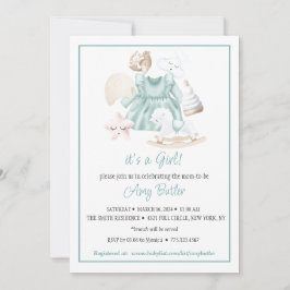 Green Watercolor Baby Girl Shower Invitation 招待状