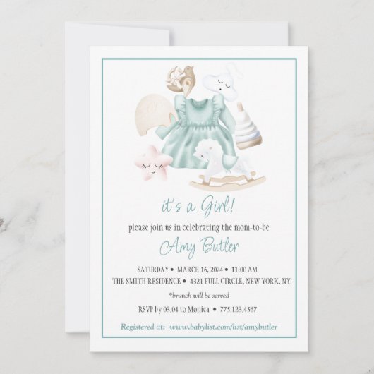 Green Watercolor Baby Girl Shower Invitation 招待状 (正面)