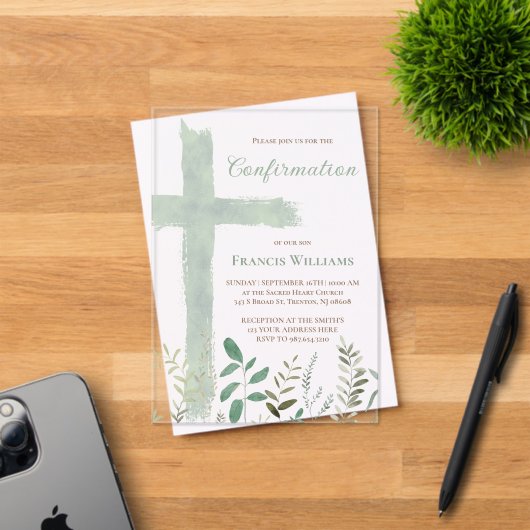 green watercolor cross Confirmation アクリル招待状 (インサイチュ (招待状))