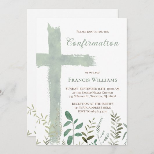 green watercolor cross Confirmation 招待状 (正面/裏面)