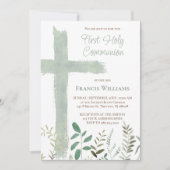 green watercolor cross First Communion 招待状 (正面)