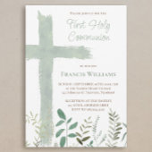 green watercolor cross First Communion 招待状