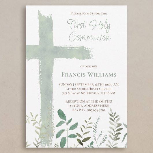 green watercolor cross First Communion 招待状