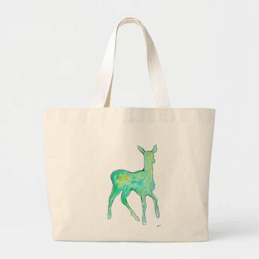 Green Watercolor Deer Bag ラージトートバッグ (正面)