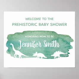 Green Watercolor Dinosaur Baby Shower Welcome Sign ポスター