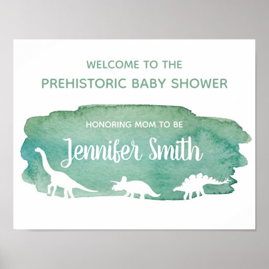 Green Watercolor Dinosaur Baby Shower Welcome Sign ポスター (正面)