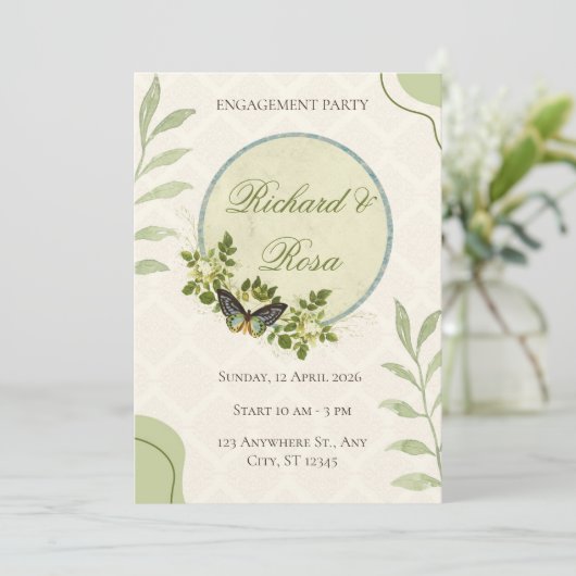 Green Watercolor Floral Engagement Invitation 招待状 (スタンド正面)