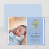 Green Watercolor Floral Faux Gold Photo Baptism インビテーションポストカード (正面/裏面)