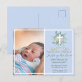 Green Watercolor Floral Faux Gold Photo Baptism インビテーションポストカード (正面/裏面)