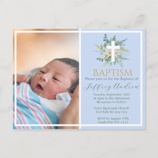 Green Watercolor Floral Faux Gold Photo Baptism インビテーションポストカード (正面)
