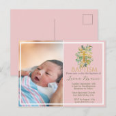 Green Watercolor Floral Faux Gold Photo Baptism インビテーションポストカード (正面/裏面)