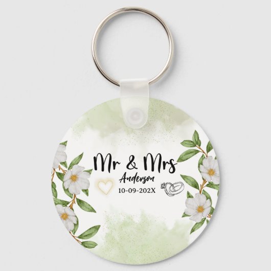 Green watercolor Floral Mr and Mrs Wedding  キーホルダー (正面)