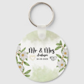 Green watercolor Floral Mr and Mrs Wedding  キーホルダー (裏面)