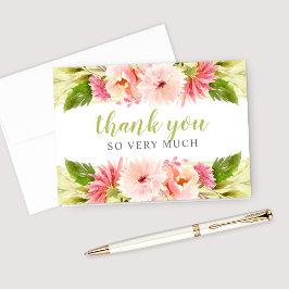 Green Watercolor Flowers Wedding Bridal Shower サンキューカード