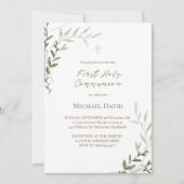 green watercolor foliage First Holy Communion 招待状 (正面)