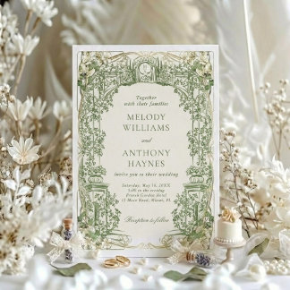 Green Watercolor Garden art Gate Wedding 招待状