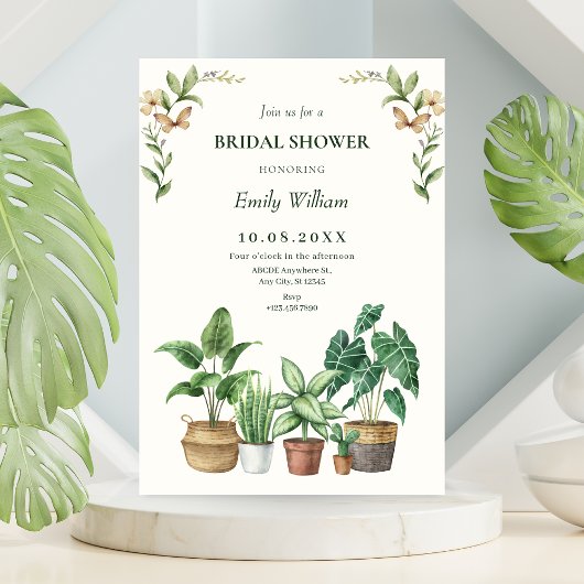 Green watercolor gardening plants bridal shower 招待状