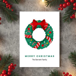 Green Watercolor Wreath Christmas Card シーズンカード