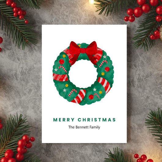 Green Watercolor Wreath Christmas Card シーズンカード