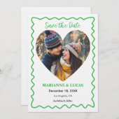 Green Wavy Frame Heart Photo Save the Date Card 招待状 (正面/裏面)