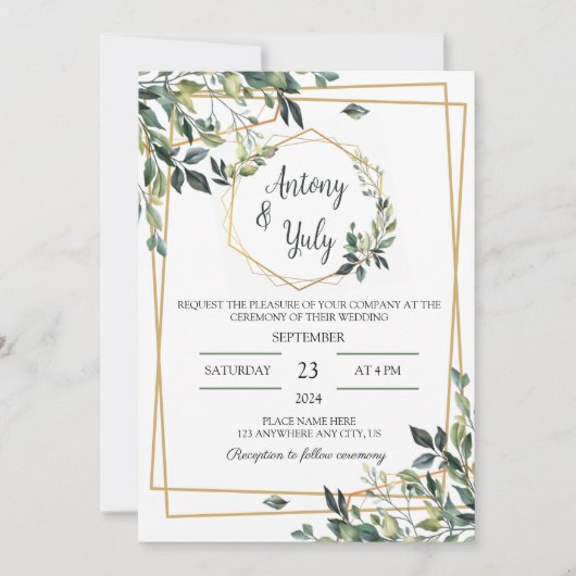 Green Wedding Invitation boda con hojas verdes 招待状 (正面)