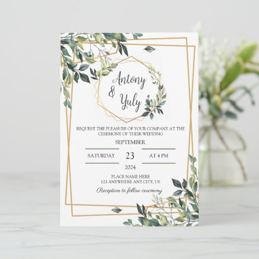 Green Wedding Invitation boda con hojas verdes 招待状 (スタンド正面)
