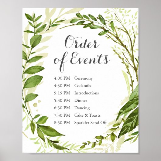 Green Wedding Order of Events Sign Rustic Greenery ポスター (正面)