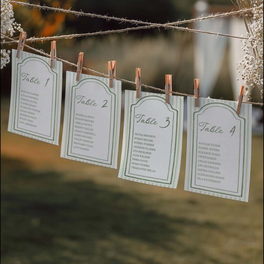 Green Wedding Striped Table Seating Chart Cards 招待状