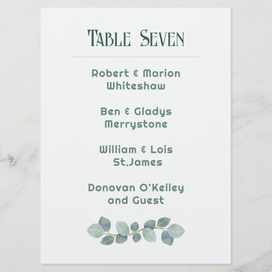 Green Wedding Table Number List of Names プログラム (正面)