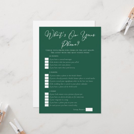 Green What's On Your Phone Bridal Shower カード (正面/裏面インサイチュ)