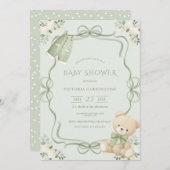 Green Whimsical Frame Vintage Bear  招待状 (正面/裏面)