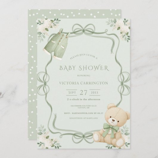 Green Whimsical Frame Vintage Bear  招待状 (正面/裏面)