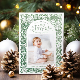 Green Whimsical Hand Drawn Joyful Holiday Photo シーズンカード