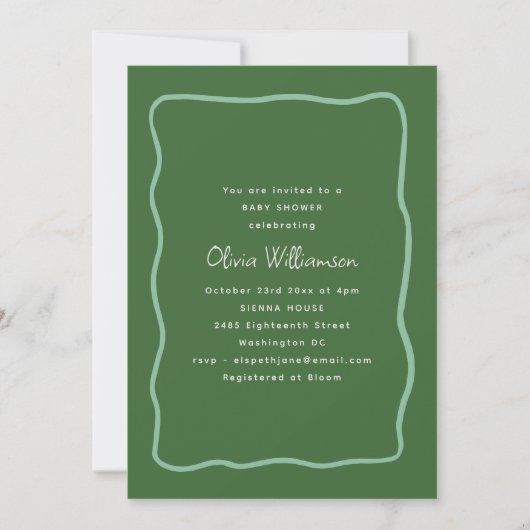 Green Whimsy Wavy Border Modern Script Baby Shower 招待状 (正面)